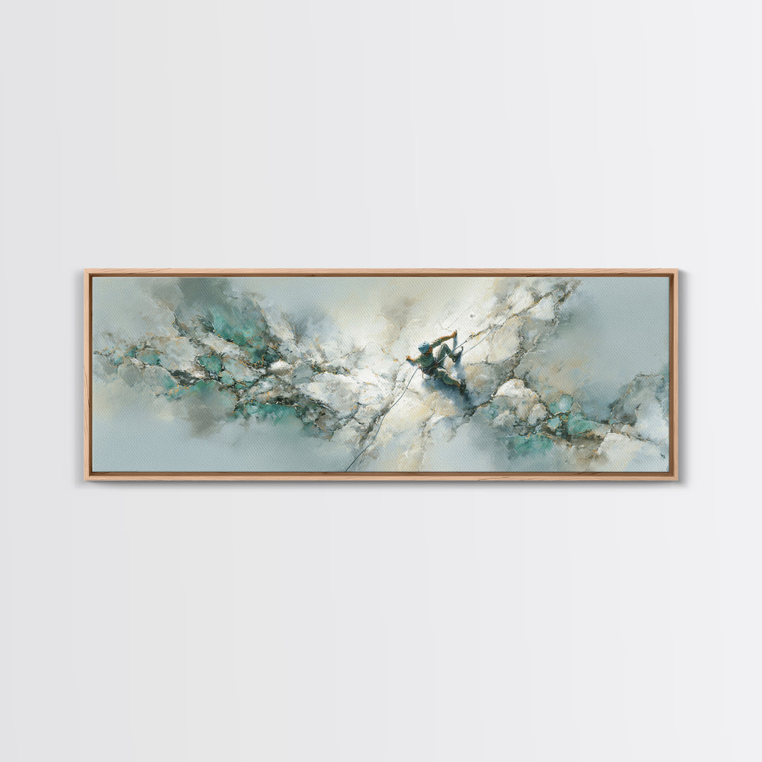 Rock Climber Reaching Toward Warm Light Framed Canvas Print, Fitness Studio Art, Boho Decor, Gym Decor, Fine Art, Motion, FSA-3x1-55