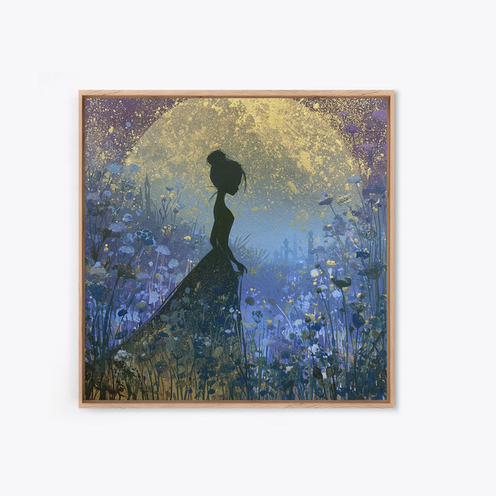 Princess Silhouette with Moonlit Garden Flowers Canvas Print, Fairy Tale Art, Art Nouveau Print, Living Room Decor, Storybook, FTA-1x1-100