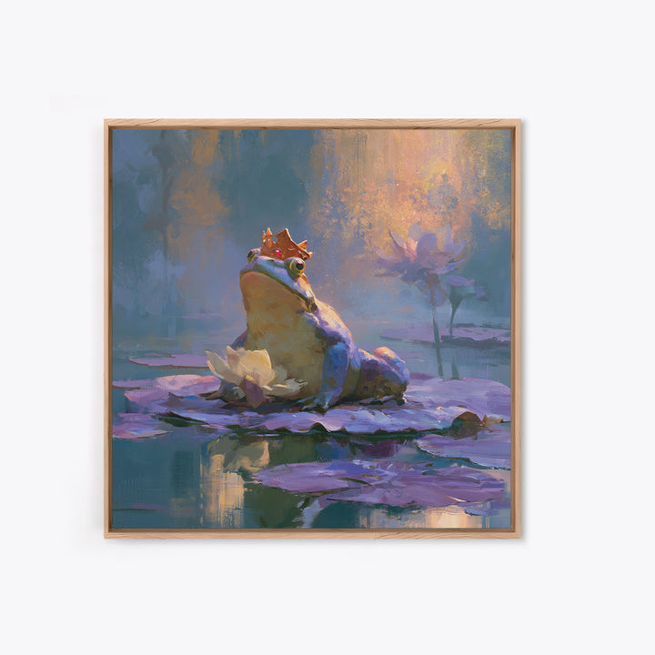 Frog Prince on a Lily Pad Framed Canvas Print, Fairy Tale Art, Whimsical Decor, Living Room Decor, Fine Art, Storybook, FTA-1x1-11