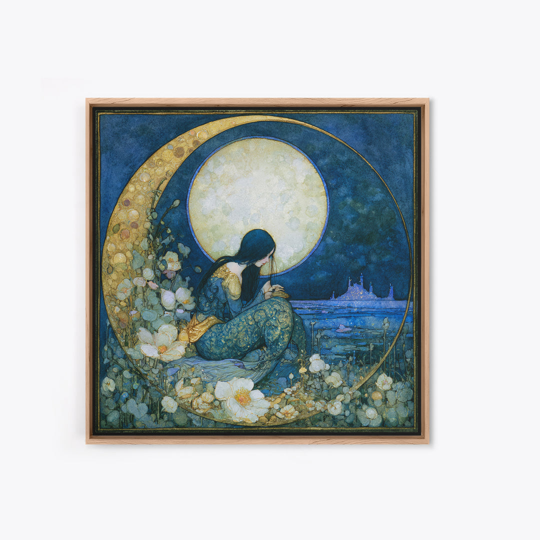 Mermaid Combing Hair Beneath a Pearl Moon Framed Canvas Print, Fairy Tale Art, Painting, Living Room Decor, Fine Art, Storybook, FTA-1x1-12