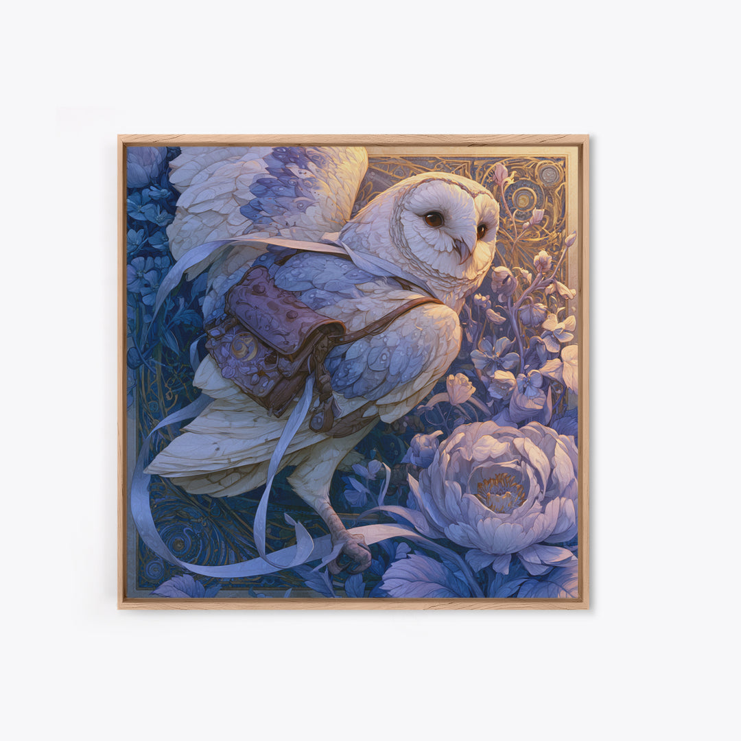 Owl Messenger Carrying a Tiny Ribbon Canvas Print, Fairy Tale Art, Gallery Decor, Living Room Decor, Fine Art, Storybook, FTA-1x1-17
