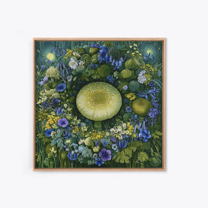 Fairy Ring of Mushrooms and Wildflowers Framed Canvas Print, Fairy Tale Art, Neutral Decor, Living Room Decor, Oil Painting, FTA-1x1-21