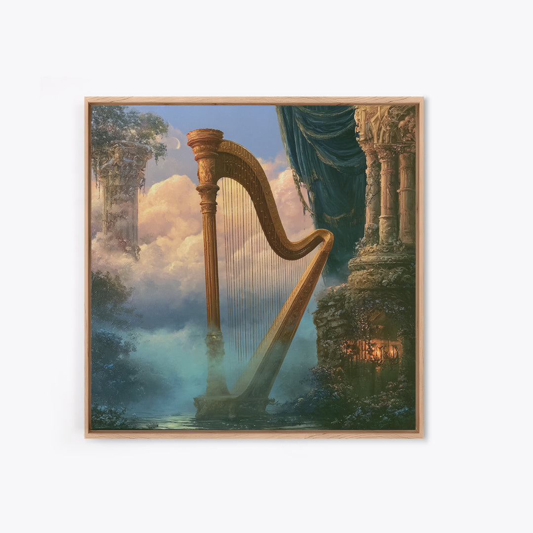 Golden Harp in a Cloud Kingdom Canvas Print, Fairy Tale Art, Princess Wall Art, Living Room Decor, Oil Painting, Storybook, FTA-1x1-22