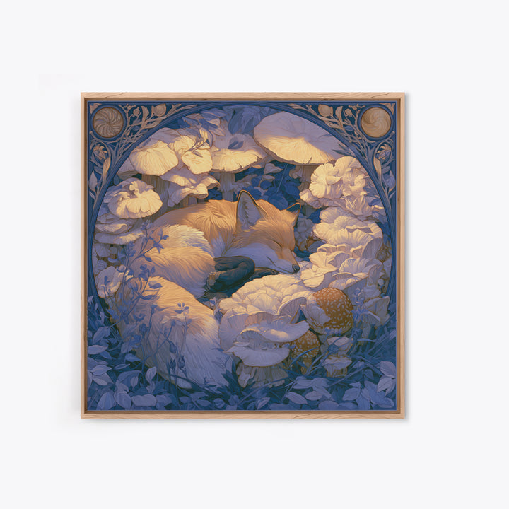 Sleeping Fox Beside a Magical Mushroom Ring Framed Canvas Print, Fairy Tale Art, Nursery Art, Living Room Decor, Storybook, FTA-1x1-27