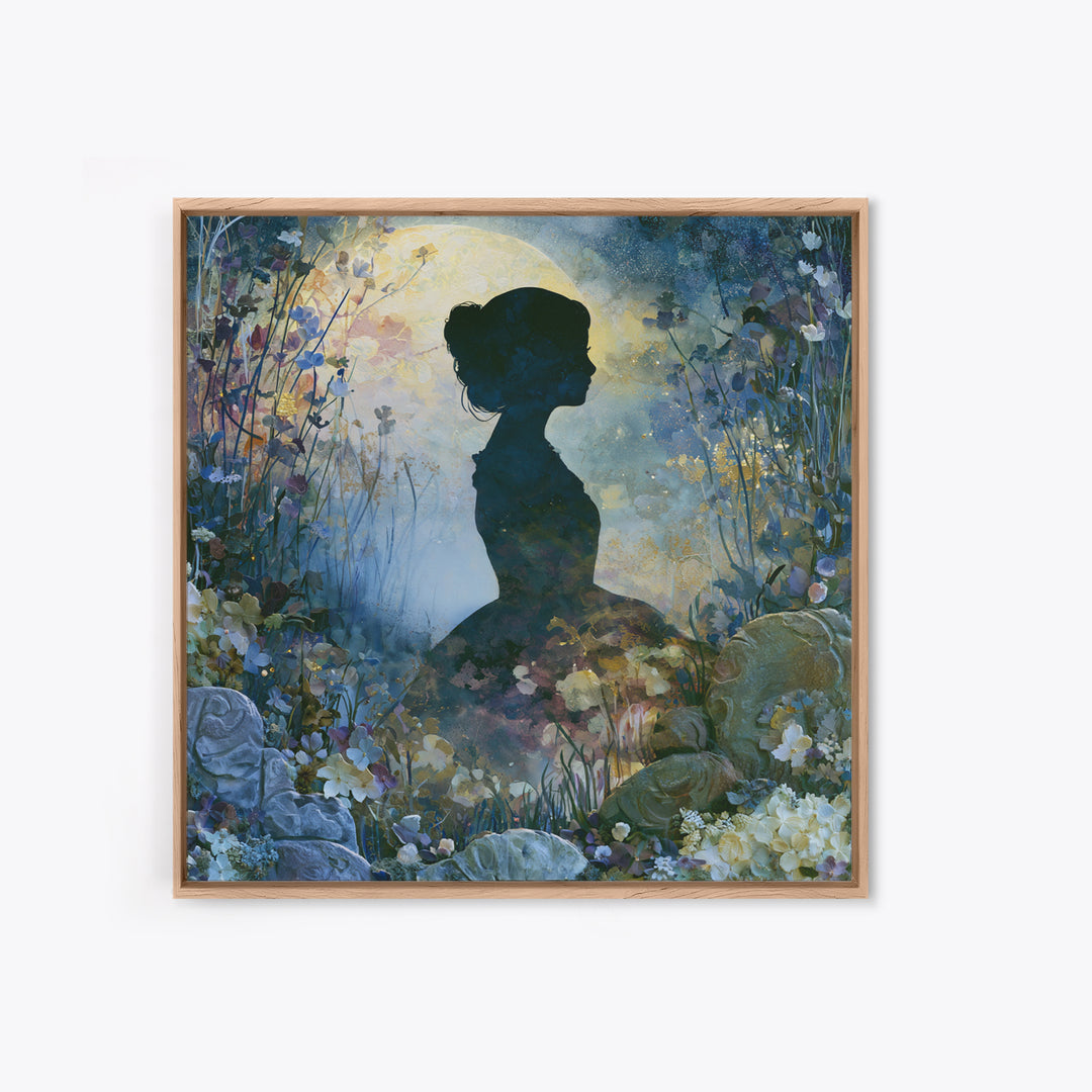 Princess Silhouette with Moonlit Garden Flowers Framed Canvas Print, Fairy Tale Art, Art Deco, Living Room Decor, Storybook, FTA-1x1-28