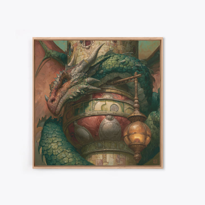 Dragon Curled Around a Jeweled Tower Framed Canvas Print, Fairy Tale Art, Textured Painting, Living Room Decor, Storybook, FTA-1x1-29