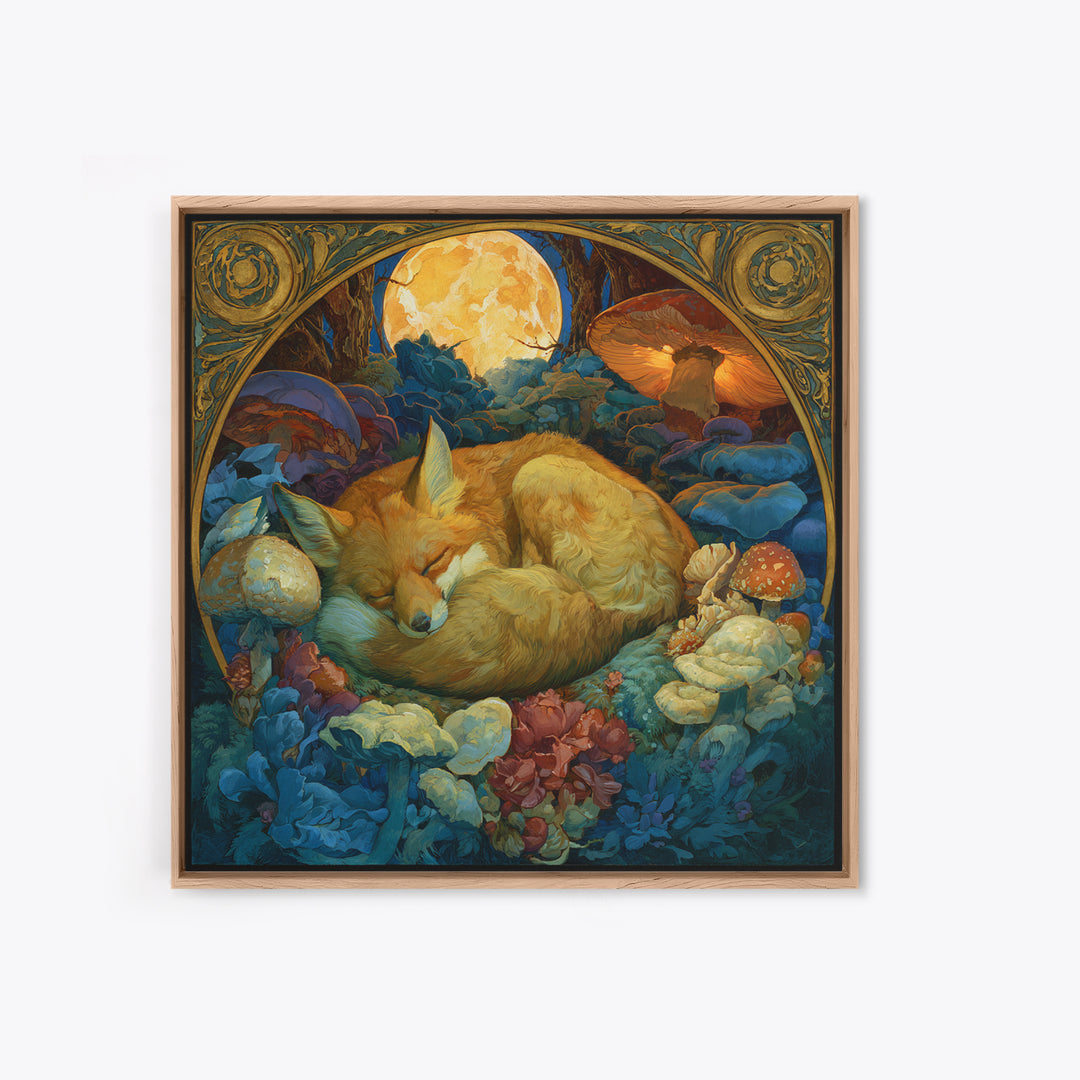 Sleeping Fox Beside a Magical Mushroom Ring Canvas Print, Fairy Tale Art, Abstract Art, Living Room Decor, Storybook, FTA-1x1-3