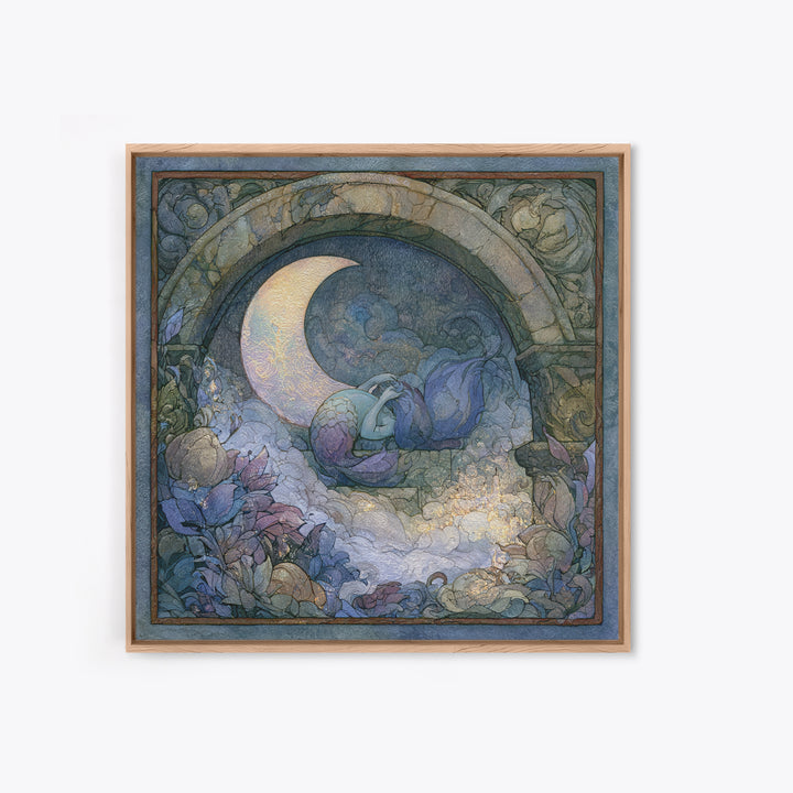 Mermaid Combing Hair Beneath a Pearl Moon Canvas Print, Fairy Tale Art, Nursery Wall Art, Living Room Decor, Watercolor Art, FTA-1x1-36
