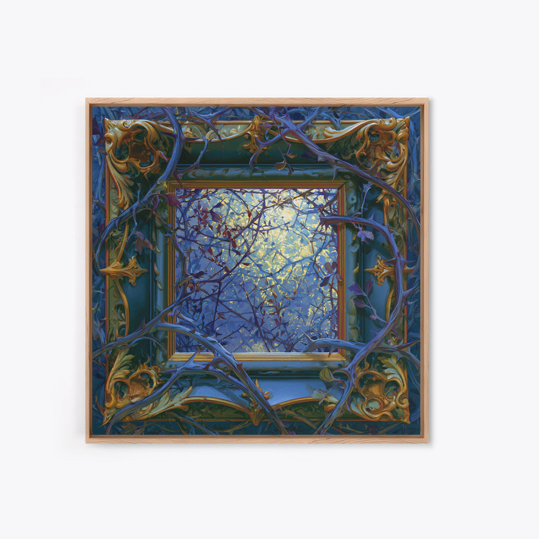 Magic Mirror Framed by Vines and Thorns Framed Canvas Print, Fairy Tale Art, Boho Decor, Living Room Decor, Oil Painting, FTA-1x1-37