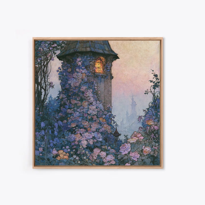 Rose Covered Tower Framed Canvas Print, Fairy Tale Art, Kids Room Decor, Living Room Decor, Abstract Art, Storybook, FTA-1x1-42