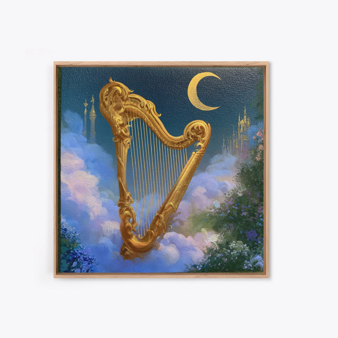 Golden Harp in a Cloud Kingdom Framed Canvas Print, Fairy Tale Art, Mixed Media Art, Living Room Decor, Fine Art, Storybook, FTA-1x1-46