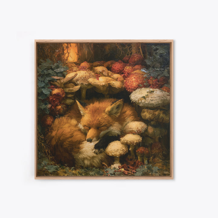 Sleeping Fox Beside a Magical Mushroom Ring Framed Canvas Print, Fairy Tale Art, Fantasy Art, Living Room Decor, Oil Painting, FTA-1x1-51