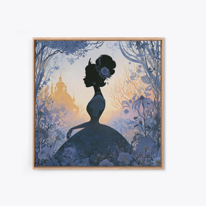Princess Silhouette with Moonlit Garden Flowers Framed Canvas Print, Fairy Tale Art, Watercolor Art, Living Room Decor, FTA-1x1-52