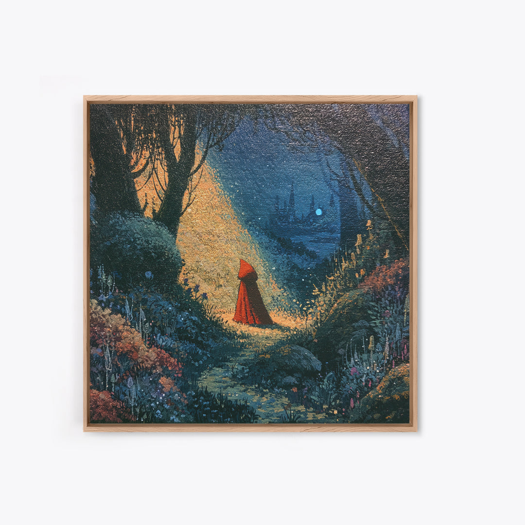 Red Cloak Figure Walking Through Dark Woods Framed Canvas Print, Fairy Tale Art, Canvas Wall Art, Living Room Decor, Storybook, FTA-1x1-56