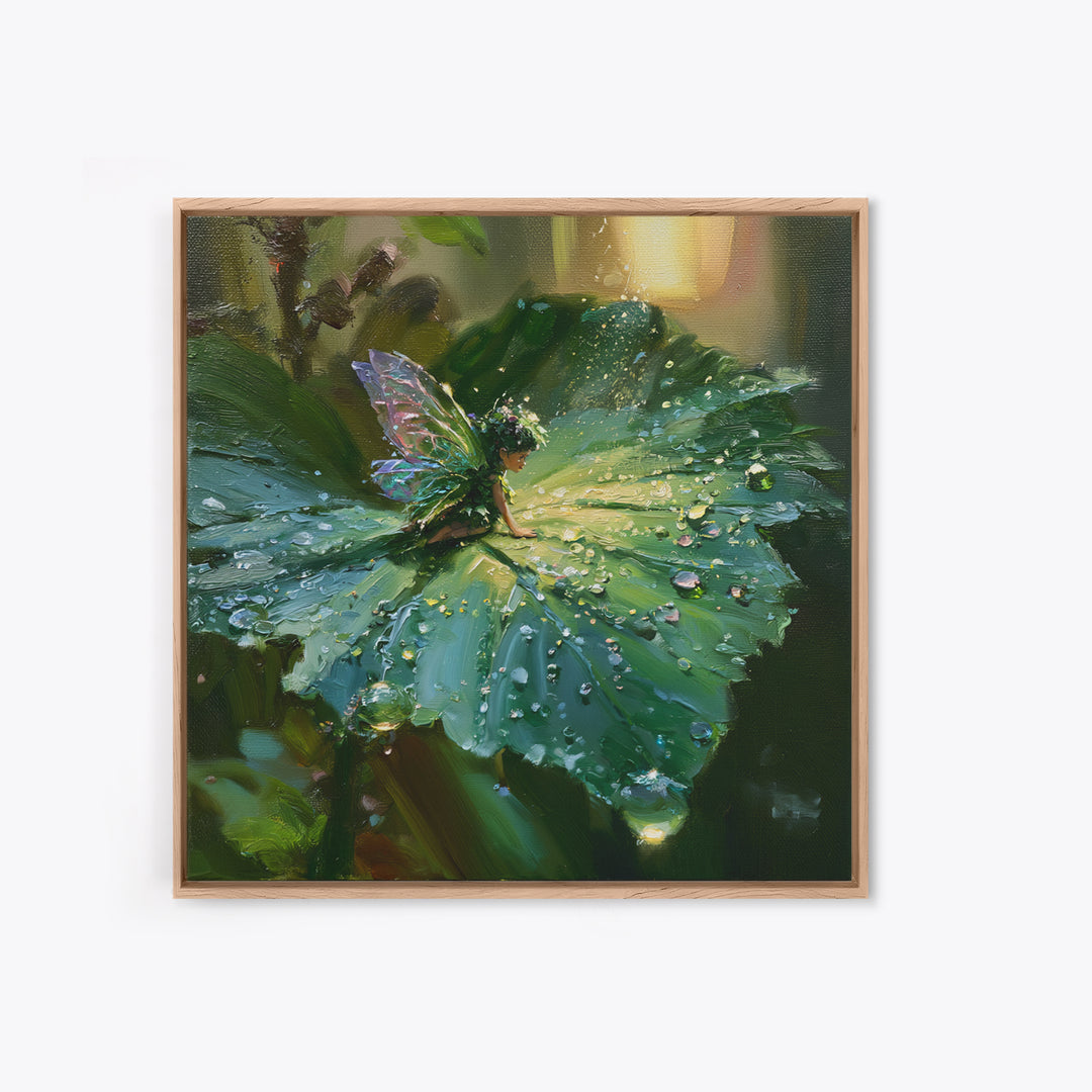 Tiny Fairy Resting on a Dew Covered Framed Canvas Print, Fairy Tale Art, Printable Art, Living Room Decor, Oil Painting, FTA-1x1-7