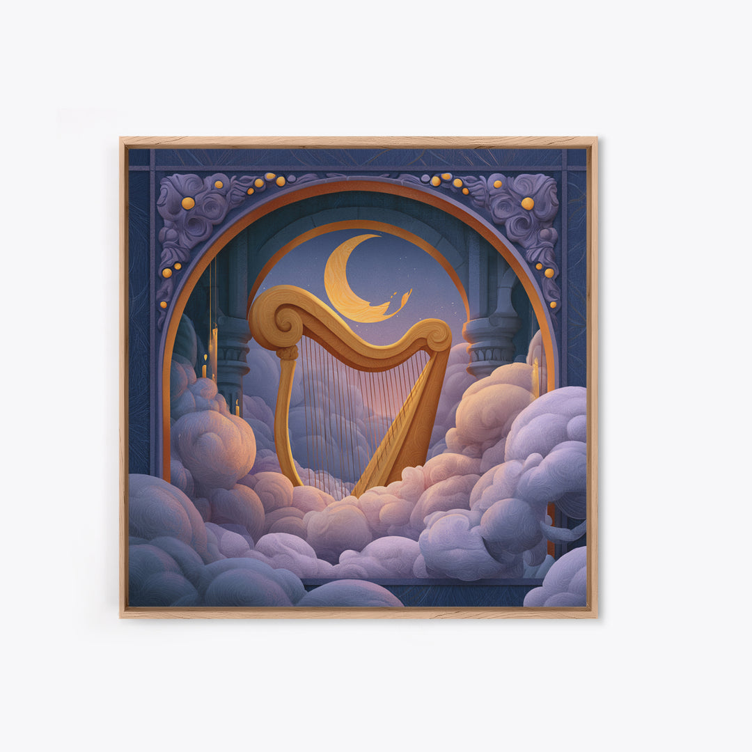 Golden Harp in a Cloud Kingdom Framed Canvas Print, Fairy Tale Art, Mixed Media Art, Living Room Decor, Fine Art, Storybook, FTA-1x1-70