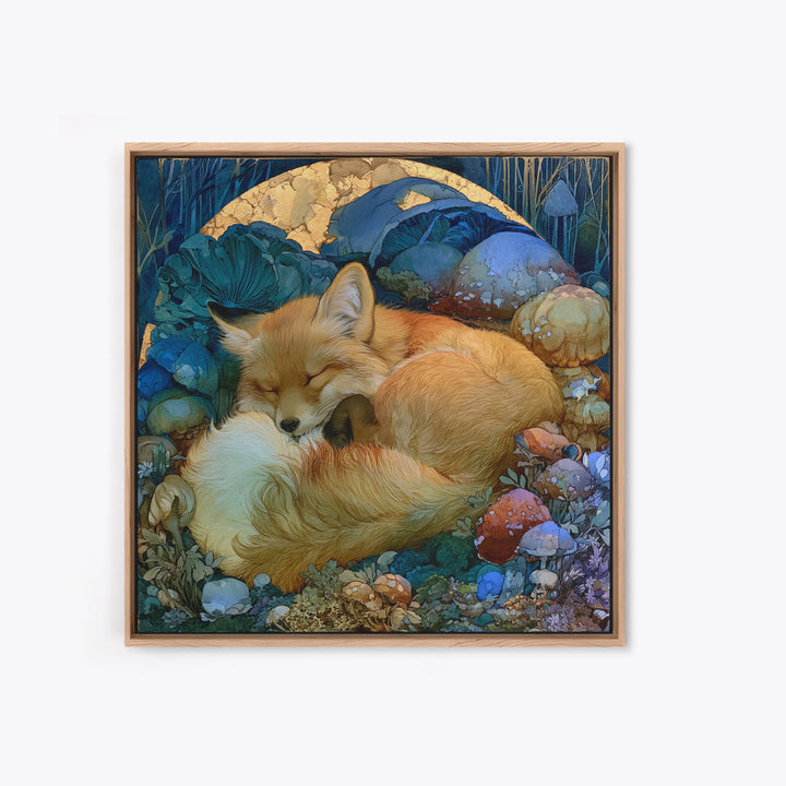 Sleeping Fox Beside a Magical Mushroom Ring Canvas Print, Fairy Tale Art, Statement Artwork, Living Room Decor, Storybook, FTA-1x1-75