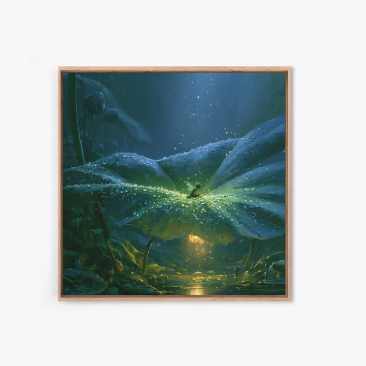 Tiny Fairy Resting on a Dew Covered Framed Canvas Print, Fairy Tale Art, Boho Decor, Living Room Decor, Fine Art, Storybook, FTA-1x1-79