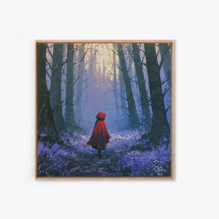 Red Cloak Figure Walking Through Dark Woods Framed Canvas Print, Fairy Tale Art, Original Art, Living Room Decor, Storybook, FTA-1x1-8