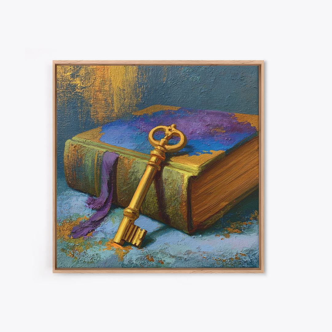 Golden Key and Enchanted Book Still Life Canvas Print, Fairy Tale Art, Painting, Living Room Decor, Fine Art, Storybook, FTA-1x1-81
