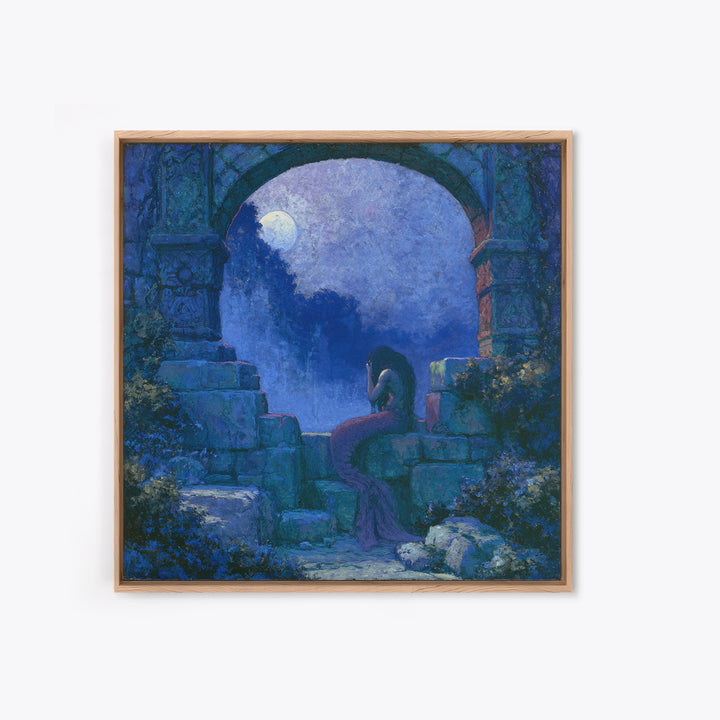 Mermaid Combing Hair Beneath a Pearl Moon Canvas Print, Fairy Tale Art, Kids Room Decor, Living Room Decor, Storybook, FTA-1x1-84