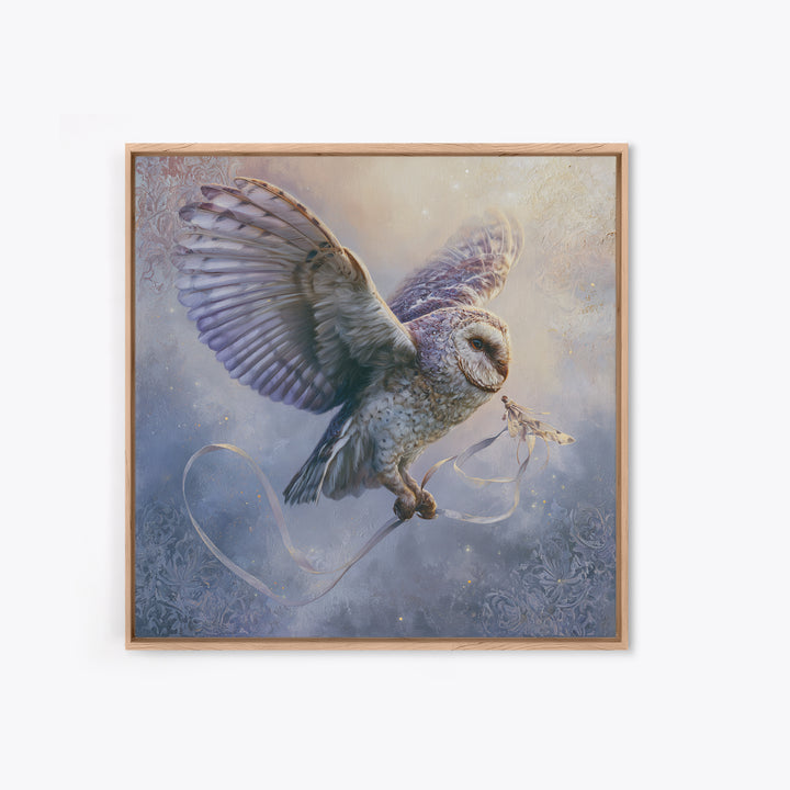 Owl Messenger Carrying a Tiny Ribbon Canvas Print, Fairy Tale Art, Contemporary Art, Living Room Decor, Fine Art, Storybook, FTA-1x1-89