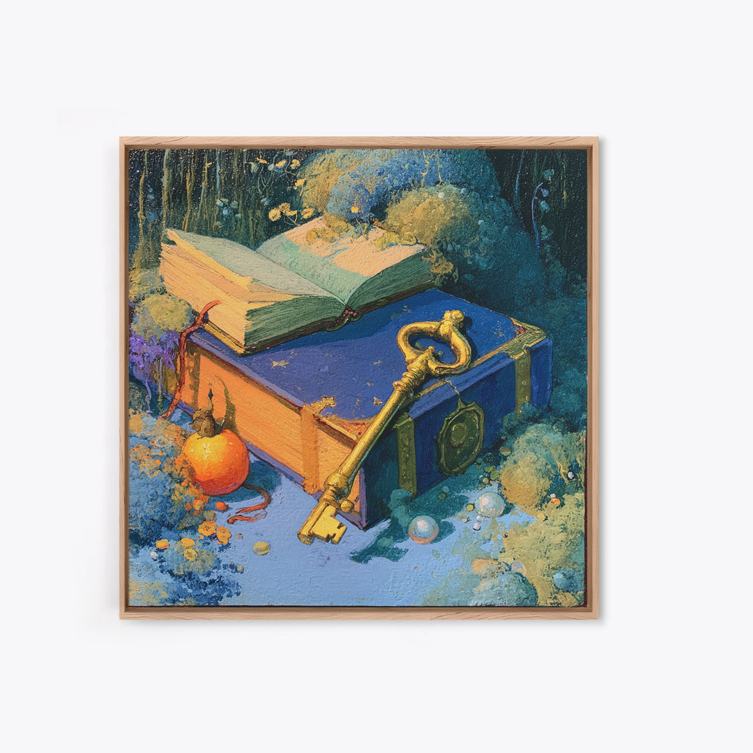 Golden Key and Enchanted Book Still Life Canvas Print, Fairy Tale Art, Statement Artwork, Living Room Decor, Storybook, FTA-1x1-9