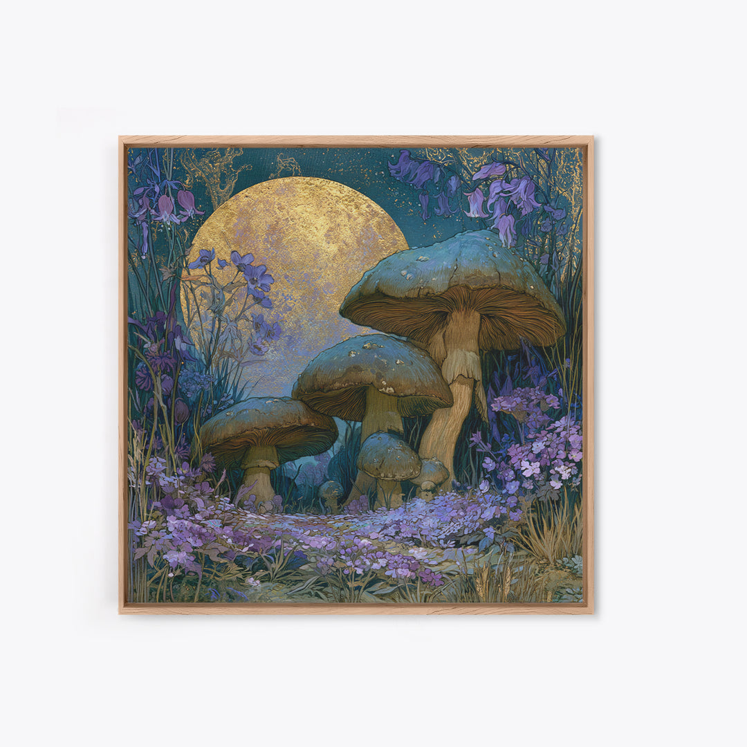 Fairy Ring of Mushrooms and Wildflowers Framed Canvas Print, Fairy Tale Art, Wall Art, Living Room Decor, Watercolor Art, FTA-1x1-93