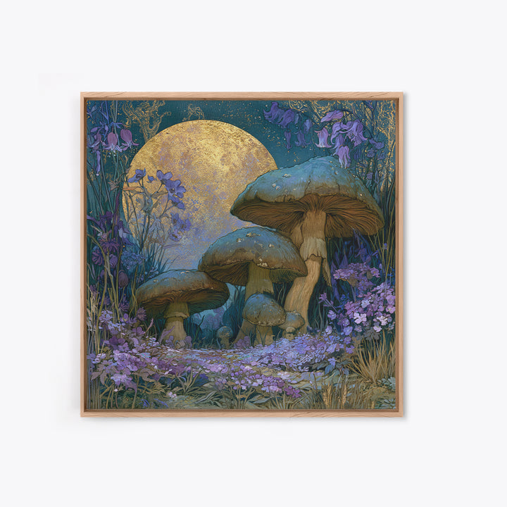 Fairy Ring of Mushrooms and Wildflowers Framed Canvas Print, Fairy Tale Art, Wall Art, Living Room Decor, Watercolor Art, FTA-1x1-93