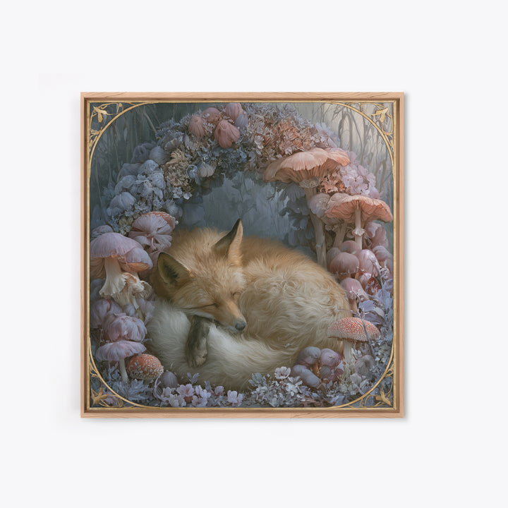 Sleeping Fox Beside a Magical Mushroom Ring Canvas Print, Fairy Tale Art, Painting, Living Room Decor, Fine Art, Storybook, FTA-1x1-99