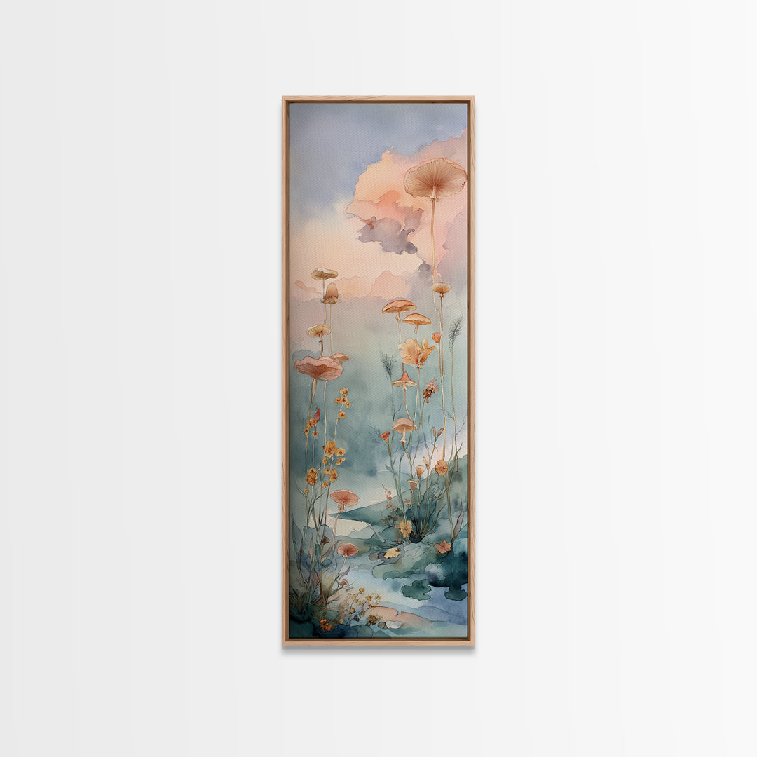 Sleeping Fox Beside a Magical Mushroom Ring Framed Canvas Print, Fairy Tale Art, Abstract Art, Living Room Decor, Storybook, FTA-1x3-15