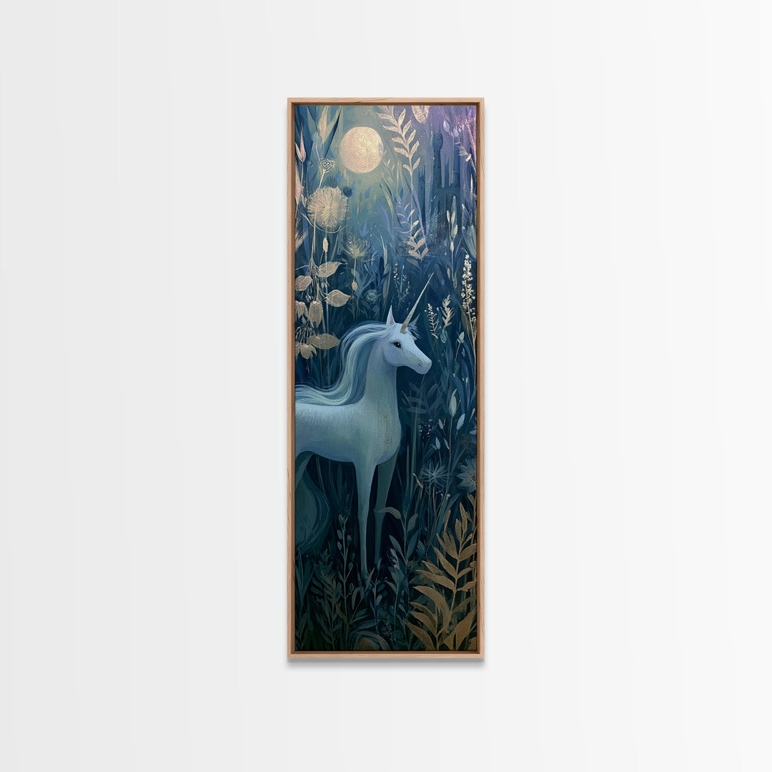 Unicorn in a Moonlit Meadow Canvas Print, Fairy Tale Art, Mixed Media Art, Living Room Decor, Oil Painting, Storybook, FTA-1x3-22