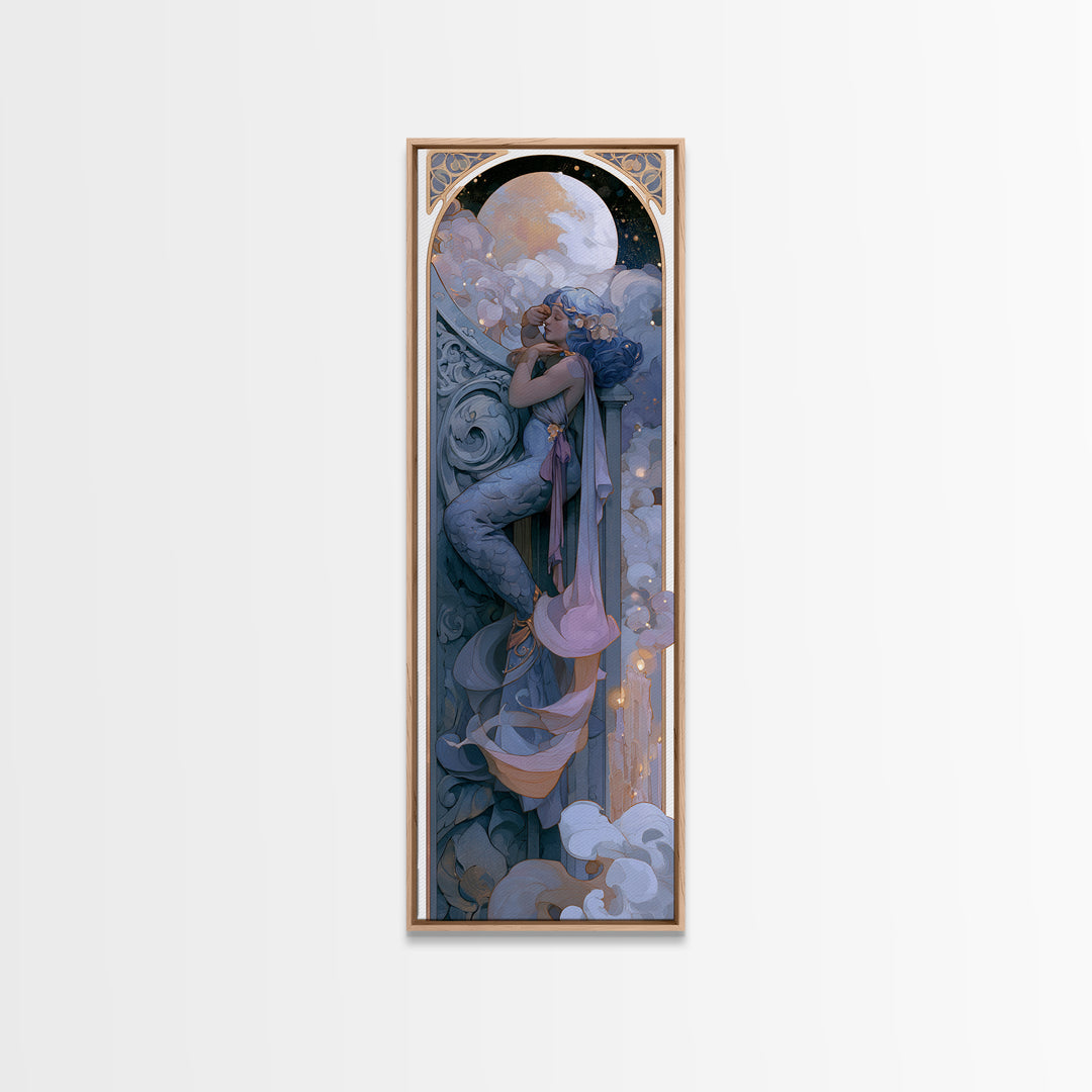 Mermaid Combing Hair Beneath a Pearl Moon Framed Canvas Print, Fairy Tale Art, Painting, Living Room Decor, Fine Art, Storybook, FTA-1x3-24