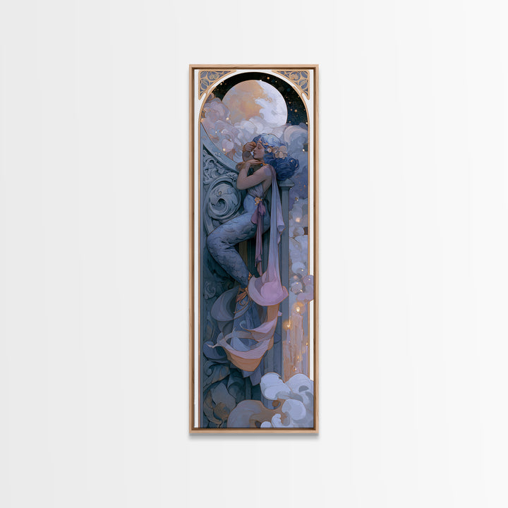 Mermaid Combing Hair Beneath a Pearl Moon Framed Canvas Print, Fairy Tale Art, Painting, Living Room Decor, Fine Art, Storybook, FTA-1x3-24