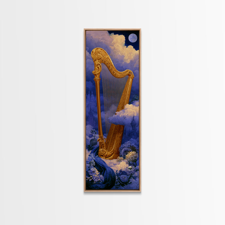 Golden Harp in a Cloud Kingdom Framed Canvas Print, Fairy Tale Art, Art Nouveau Print, Living Room Decor, Watercolor Art, FTA-1x3-34