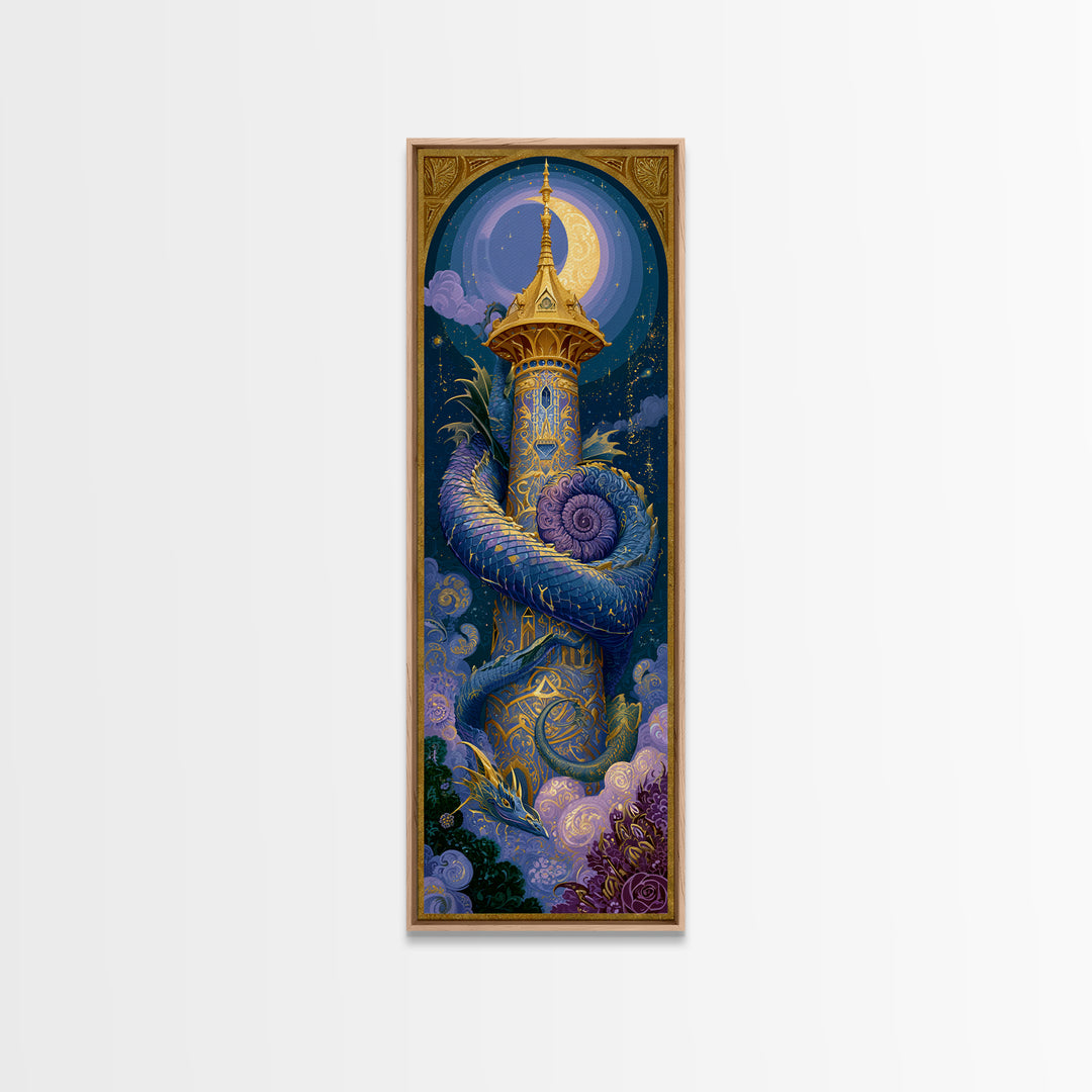 Dragon Curled Around a Jeweled Tower Canvas Print, Fairy Tale Art, Whimsical Wall Art, Living Room Decor, Fine Art, Storybook, FTA-1x3-41