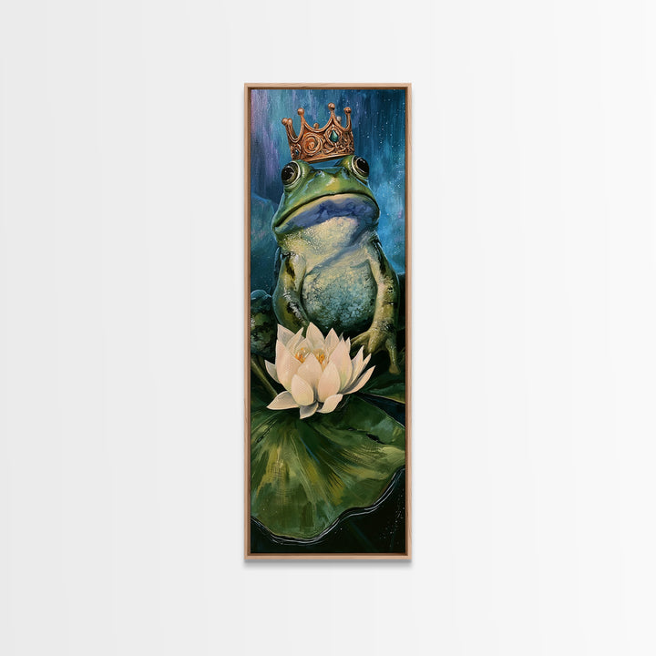 Frog Prince on a Lily Pad Framed Canvas Print, Fairy Tale Art, Whimsical Art, Living Room Decor, Fine Art, Storybook, FTA-1x3-47