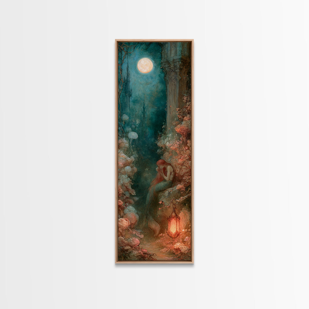 Mermaid Combing Hair Beneath a Pearl Moon Canvas Print, Fairy Tale Art, Nursery Wall Art, Living Room Decor, Watercolor Art, FTA-1x3-48