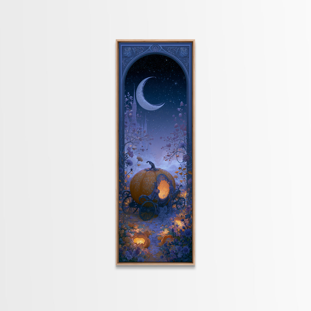 Pumpkin Carriage under Midnight Sky Framed Canvas Print, Fairy Tale Art, Art Nouveau, Living Room Decor, Fine Art, Storybook, FTA-1x3-52