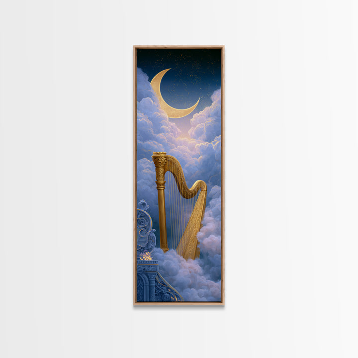 Golden Harp in a Cloud Kingdom Framed Canvas Print, Fairy Tale Art, Art Nouveau Print, Living Room Decor, Watercolor Art, FTA-1x3-58