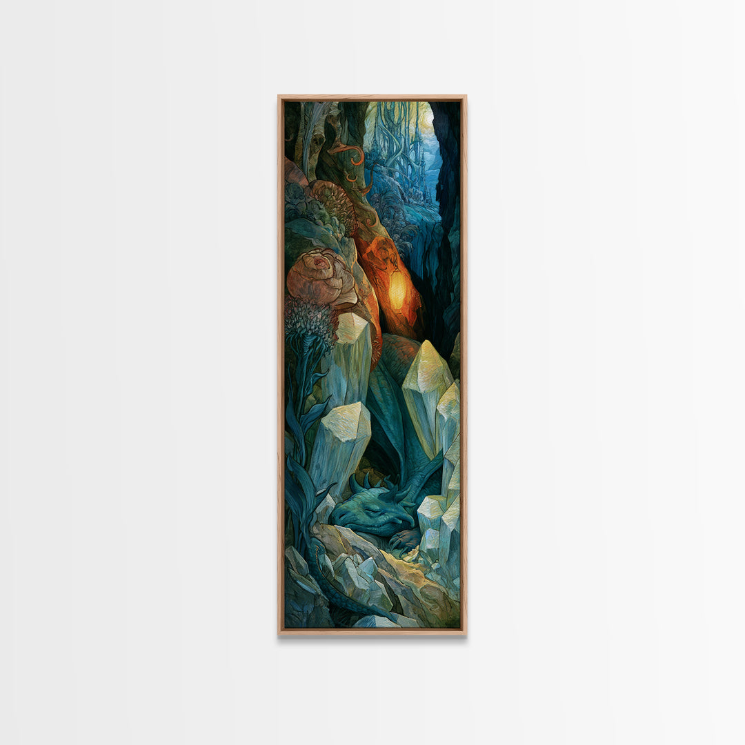 Sleeping Dragon in a Cave of Crystals Canvas Print, Fairy Tale Art, Abstract Art, Living Room Decor, Storybook, Kids Room Art, FTA-1x3-60