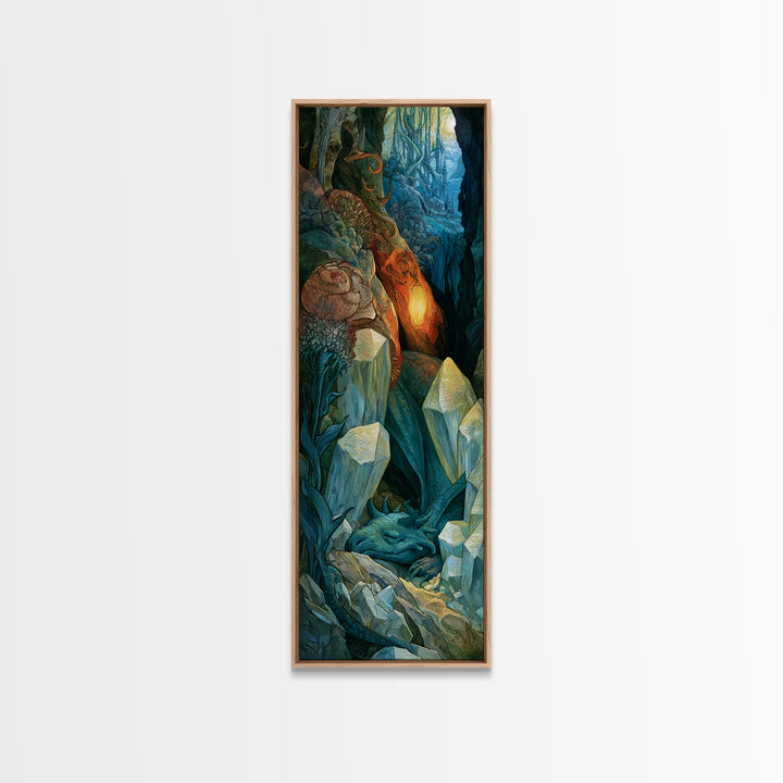 Sleeping Dragon in a Cave of Crystals Canvas Print, Fairy Tale Art, Abstract Art, Living Room Decor, Storybook, Kids Room Art, FTA-1x3-60