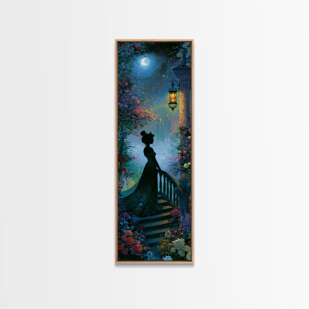 Princess Silhouette with Moonlit Garden Flowers Framed Canvas Print, Fairy Tale Art, Watercolor Art, Living Room Decor, FTA-1x3-64