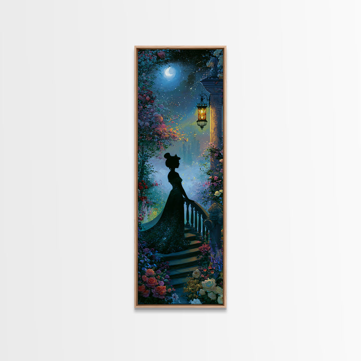 Princess Silhouette with Moonlit Garden Flowers Framed Canvas Print, Fairy Tale Art, Watercolor Art, Living Room Decor, FTA-1x3-64