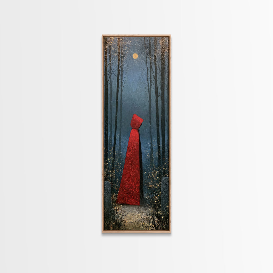 Red Cloak Figure Walking Through Dark Woods Canvas Print, Fairy Tale Art, Whimsical Art, Living Room Decor, Oil Painting, FTA-1x3-68
