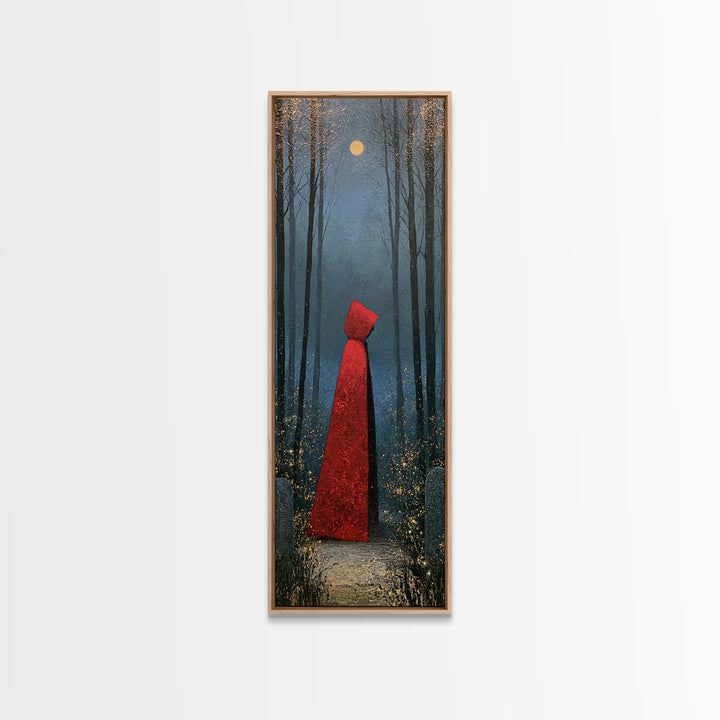 Red Cloak Figure Walking Through Dark Woods Canvas Print, Fairy Tale Art, Whimsical Art, Living Room Decor, Oil Painting, FTA-1x3-68