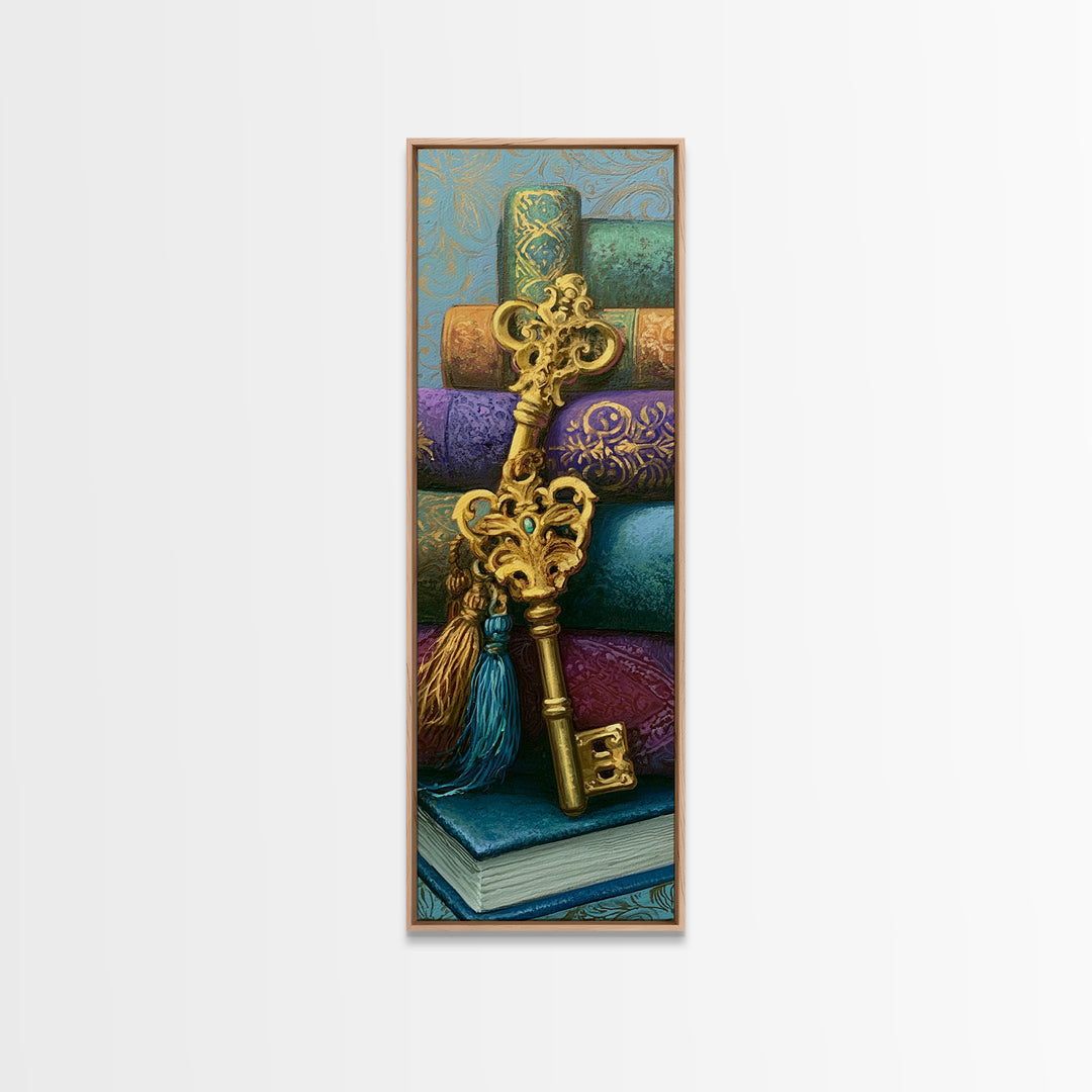 Golden Key and Enchanted Book Still Life Framed Canvas Print, Fairy Tale Art, Wall Art, Living Room Decor, Oil Painting, FTA-1x3-69