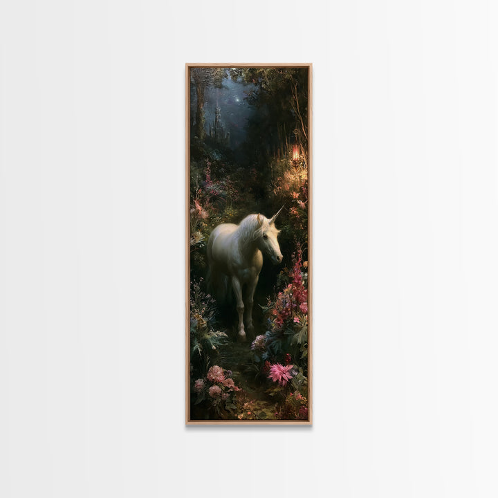 Unicorn in a Moonlit Meadow Framed Canvas Print, Fairy Tale Art, Modern Decor, Living Room Decor, Fine Art, Storybook, FTA-1x3-70