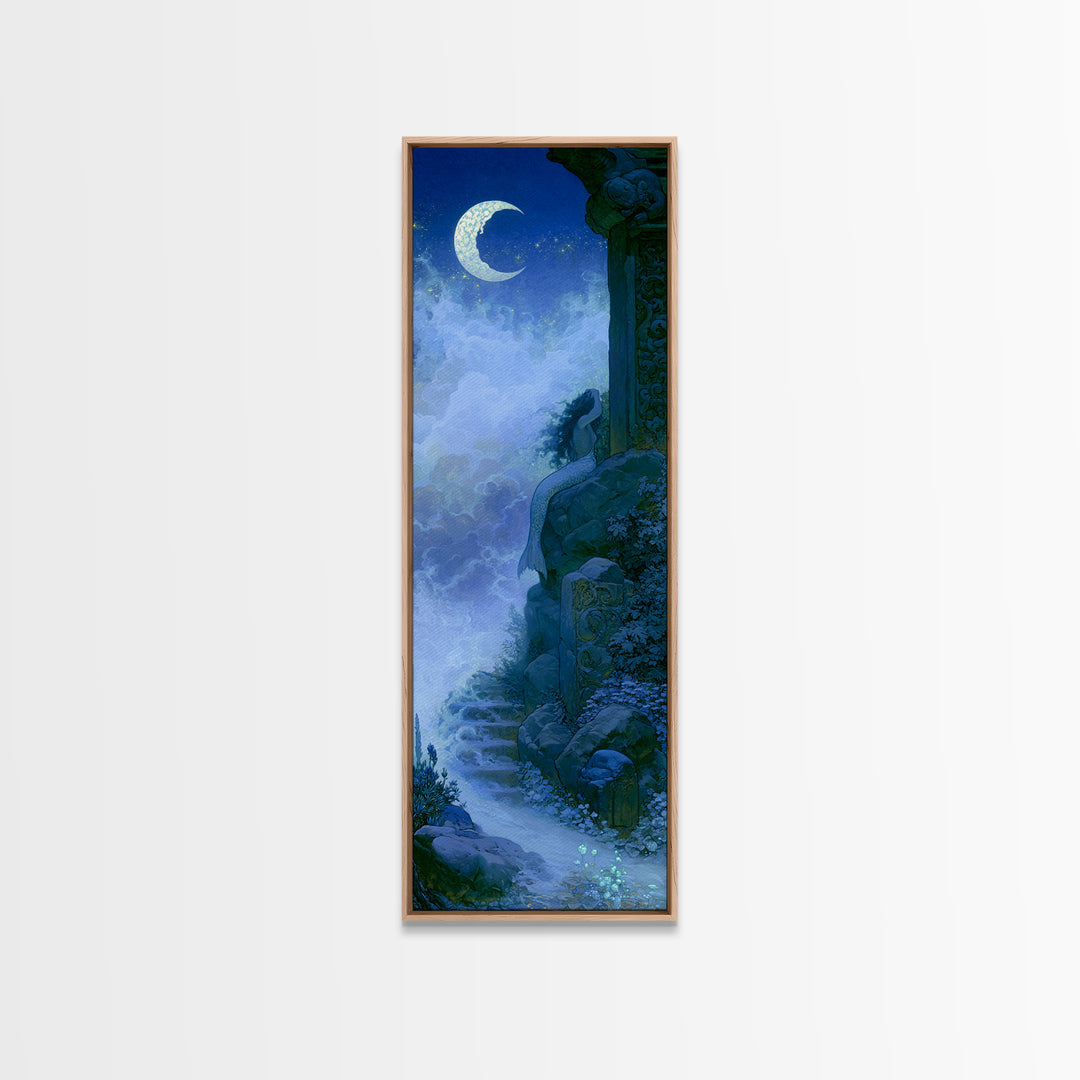 Mermaid Combing Hair Beneath a Pearl Moon Canvas Print, Fairy Tale Art, Folk Art, Living Room Decor, Fine Art, Storybook, FTA-1x3-72