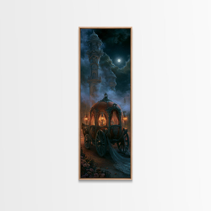 Pumpkin Carriage under Midnight Sky Framed Canvas Print, Fairy Tale Art, Princess Wall Art, Living Room Decor, Oil Painting, FTA-1x3-76